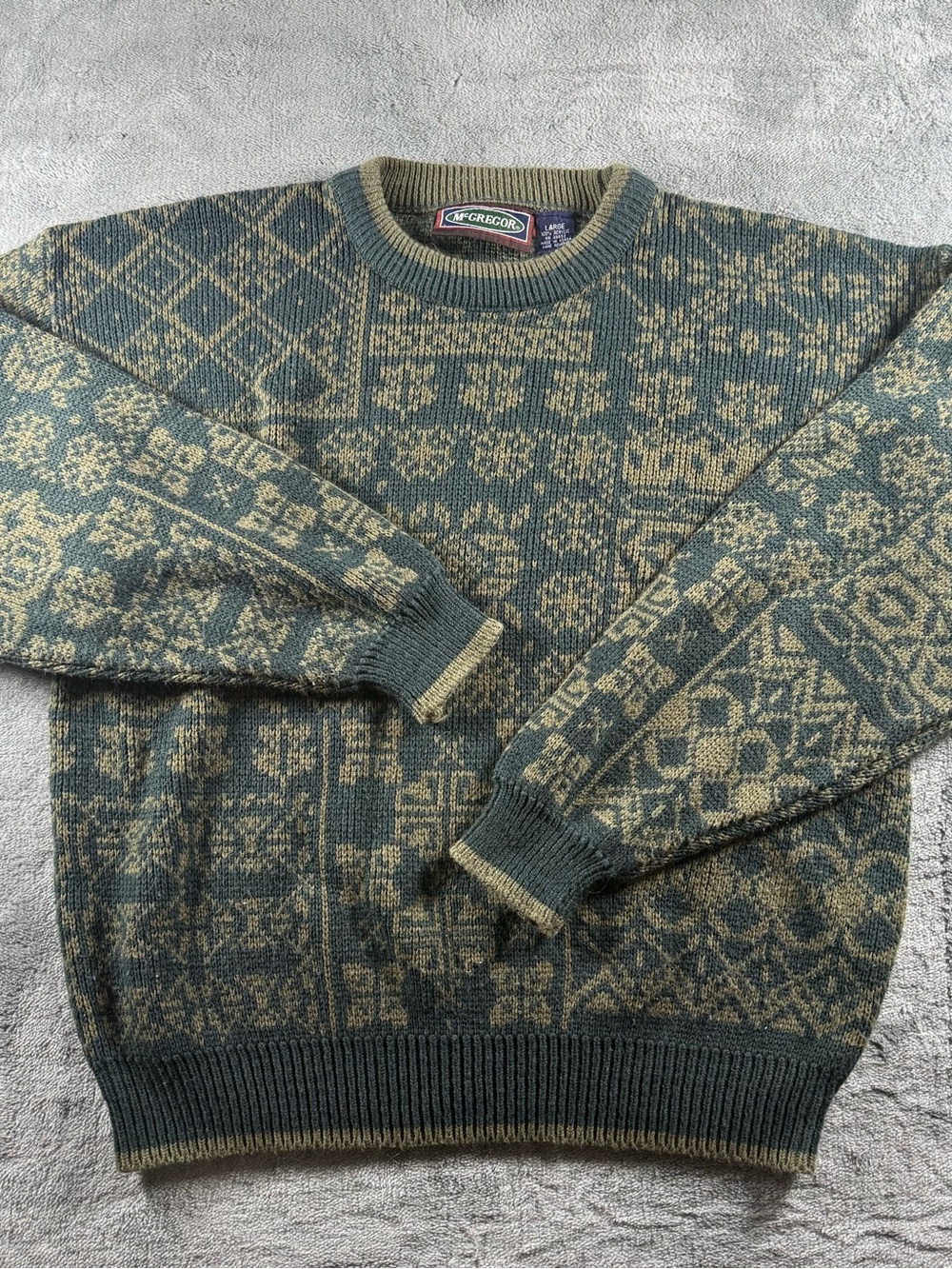 McGregor Sweater Crewneck Mens Sz L Green Geometric Abstract Knit Retro 90s Vtg